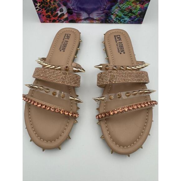 Cape Robbin Xtreme Nude Spiked Slide Sandals Size 8 Studded Rhinestone - Picture 2 of 9